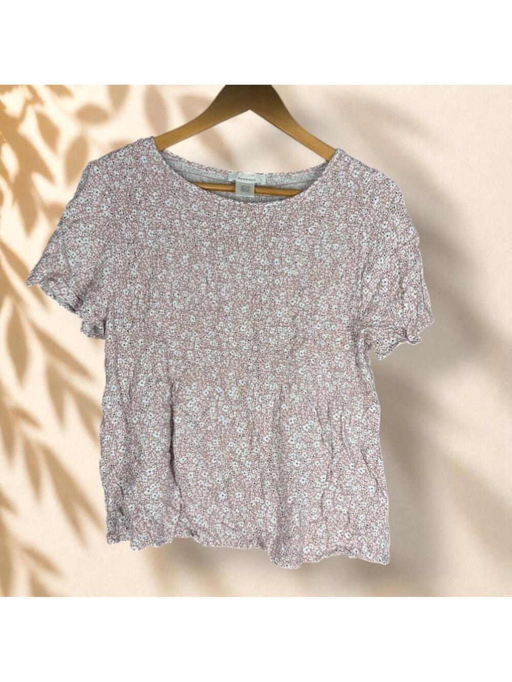 Urban Romantics T-Shirt Women L Large Brown Floral Short Sleeve Round Neck Rayon